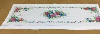 Vintage Dresser Scarf,  Embroidered Flowers & Leaves,  White,  Pink,  Green,  Cotton 3