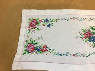 Vintage Dresser Scarf,  Embroidered Flowers & Leaves,  White,  Pink,  Green,  Cotton 4