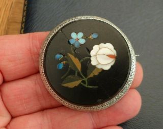 Vintage Jewellery Victorian Silver Pietra Dura Floral Brooch Pin
