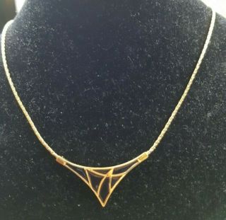 Vintage Monet Signed Gold Tone Triangle Black Enamel Necklace Classic Design