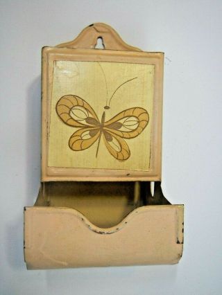 Vintage Metal Kitchen Match Box Holder,  Repainted,  Butterfly.