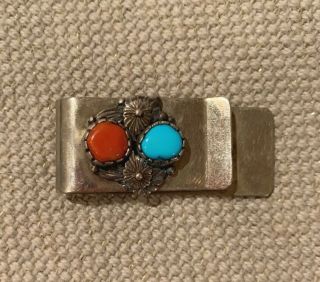 Vintage Navajo Sterling Silver Turquoise Coral Money Clip 13.  0 Grams