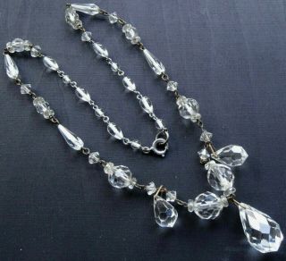 Vintage Art Deco Crystal Clear Glass Facet Cut Bead Charm Drop Necklace - R331