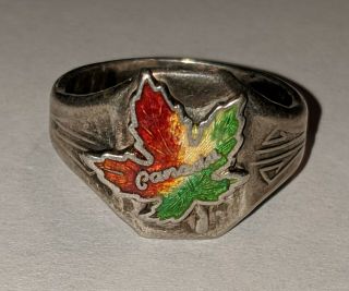 Vintage Bmco Bm Co Canada Enamel Maple Leaf Sterling Silver Ring Sz 7