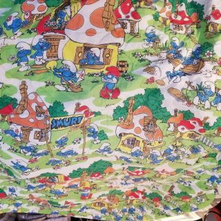 Vintage Smurf Village Cartoon Twin Size Bed Spread Comforter