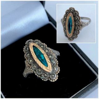 Vintage Art Deco Jewellery 925 Silver & Gold Marcasite Emerald Ring Size T