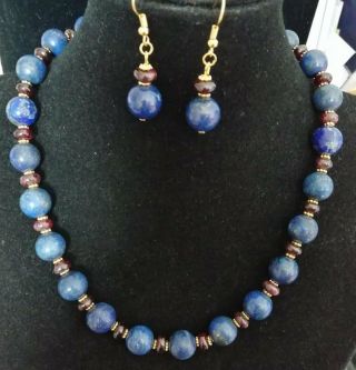 Vintage Lapis Lazuli And Garnets Necklace And Earrings Set