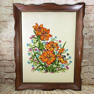 Vintage Needle Point Crewel Embroidery Floral Flowers Mid Century 28 " X 22 "