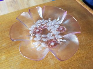 Vintage Kitsch Rosella Pink & Floral Glass Dish With Fluted Wavy Edge