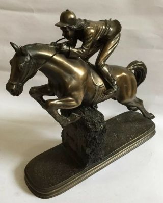 Vintage Cold Cast Bronze Signed Sculpture Jumping Race Horse & Jockey O Tipton