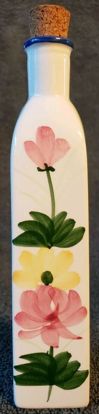 Vintage White Ceramic Oil Or Vinegar Bottle With Cork Stopper With Floral Design