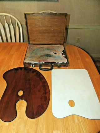 Vintage Painters Box Slots & Dovetailed Traveling Artist W/ 3 Wood Palettes