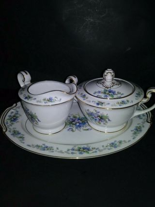 Vintage Creamer And Sugar Bowl And Tray With Violets Decor Set Of 3 Porcelain
