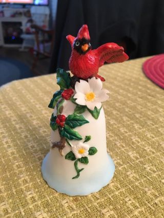 Vintage White Ceramic Bell With Red Cardinal Bird & Flowers,  Painted