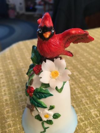VINTAGE WHITE CERAMIC BELL WITH RED CARDINAL BIRD & FLOWERS,  PAINTED 2