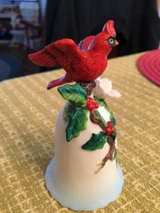 VINTAGE WHITE CERAMIC BELL WITH RED CARDINAL BIRD & FLOWERS,  PAINTED 3