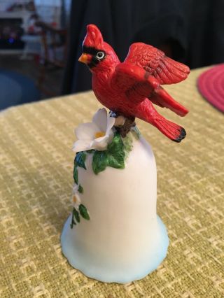VINTAGE WHITE CERAMIC BELL WITH RED CARDINAL BIRD & FLOWERS,  PAINTED 5