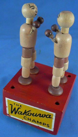 Vtg 1940s Wakouwa Champs Push Bottom Puppet Boxers,  Boxing Wooden Collapse Toy