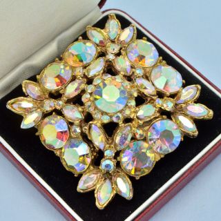 Vintage Brooch 1950s Large Aurora Borealis Crystal Goldtone Bridal Jewellery