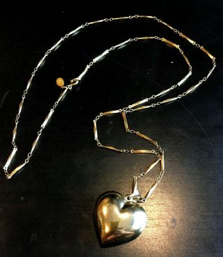 Vtg Kirks Folly Puffy Heart Pendant Dangle Gold Tone Necklace Long Fancy Chain