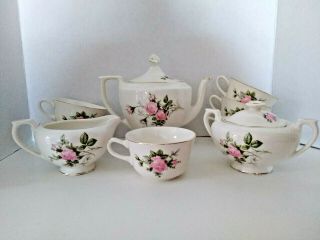 Vintage Canonsburg Tea Set,  Rose Bouquet,  Teapot,  Sugar Bowl,  Creamer,  Cups,  22k