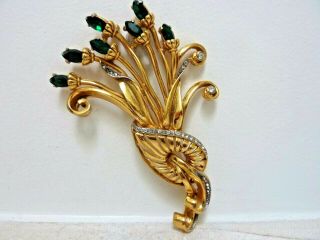 Vintage Emerald 1940s Large Floral Spray Pot Metal Rhinestone Flower Pin Brooch