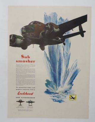 Print Ad 1943 Lockheed Sub Smasher Vintage Artwork Hudson Bomber