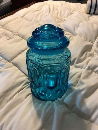 Vintage Large Aqua Blue Le Smith Moon And Stars Round Glass Jar Bowl & Lid