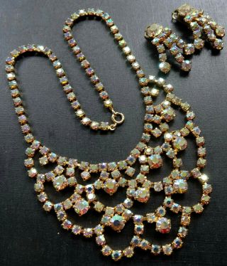 Vintage Ab Rhinestone Drape Swag Gold Tone Chain Necklace Earring Set - A336