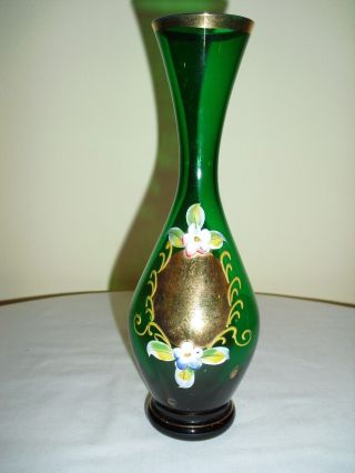 Vintage Bohemian Green Glass Gold Hand Painted Bud Vase