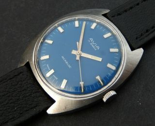 Vintage Gents Swiss Made Blue Dialed Steel Cased Avia 17 Jewels Incabloc Watch