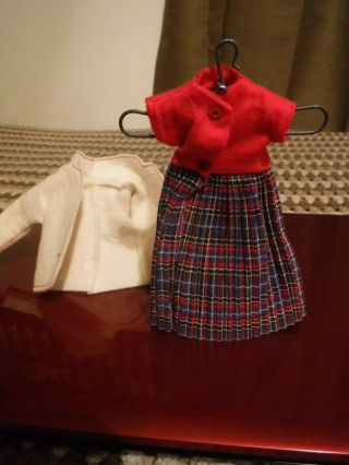 Vintage Vogue Dolls Inc Jill white coat with red plaid dress and metal hanger A, 2