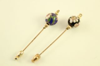 Vintage Chinese Art Cloisonne Enamel Jewelry Flower Ball Hat Stick Pin Pair Set