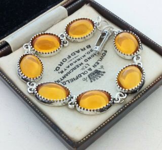 Vintage - 1970s Czech Amber Honey Yellow Glass Small Oval Cabochon Bracelet