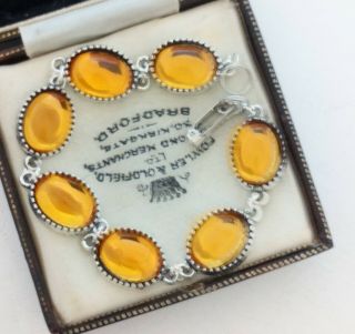 Vintage - 1970s CZECH Amber Honey Yellow Glass Small Oval Cabochon Bracelet 2