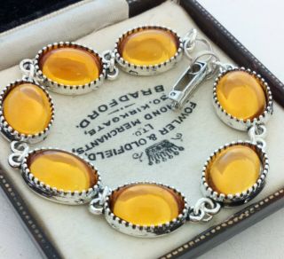 Vintage - 1970s CZECH Amber Honey Yellow Glass Small Oval Cabochon Bracelet 3