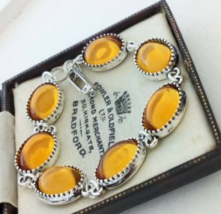 Vintage - 1970s CZECH Amber Honey Yellow Glass Small Oval Cabochon Bracelet 4