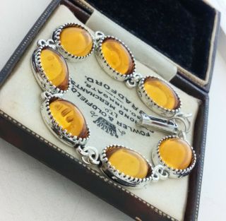 Vintage - 1970s CZECH Amber Honey Yellow Glass Small Oval Cabochon Bracelet 5
