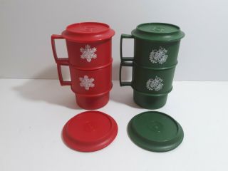 Vintage Tupperware Harvest 4 Stackable Coffee Mugs Cups 1312 / 1313 Christmas
