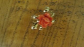 Vintage 1940’s Carved Celluloid Coral Prong Set Rose Flowers Turtle Pin
