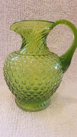Vintage Fabulous Art Glass Hobnail Green Pitcher.