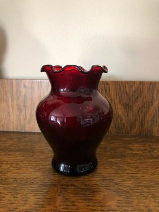 Vintage Ruby Red Anchor Hocking Marked Vase Ripple Top Mid Century 4”