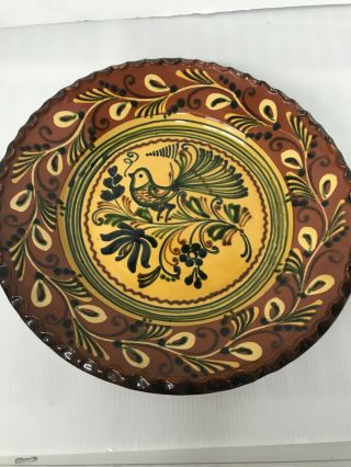 Vintage Wall Pottery Platter Plate Hungary Folk Art Decorative 11.  5” Bird Signed