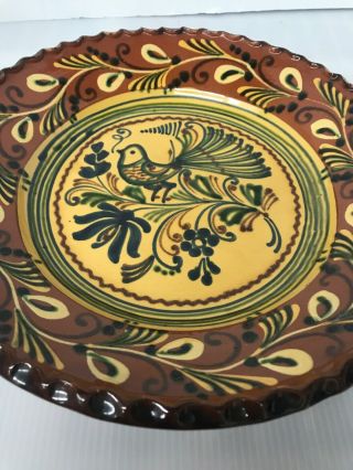 Vintage Wall Pottery Platter Plate Hungary Folk Art Decorative 11.  5” Bird Signed 2
