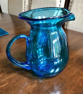 Vintage Hand Blown Art Glass Pitcher / Vase Aqua Blue 8”