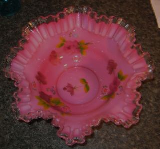 Vintage Fenton Pastel Pink W/red Roses Silvercrest Low Ruffled Bowl