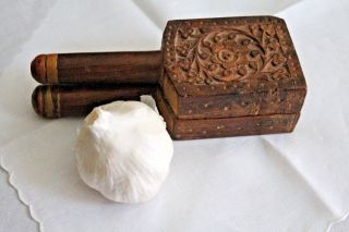 Vintage Wood Garlic Press,  Ornately Carved & Decorative,  5 3/4 " Long