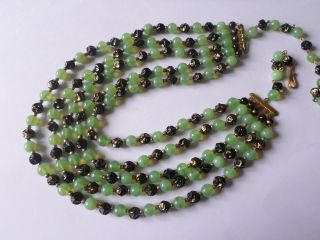 Vintage Circa Mid 20th Century Green & Black Glass 5 Stranded Necklace
