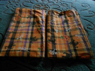 Vintage Cotton Hallween Table Cloths Pumpkins Cats Skeleton 90 " By 55 "