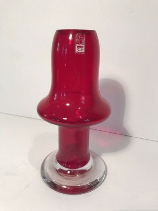 Vintage Riihimaksen Lasi Art Glass Vase,  Bright Red With Heavy Clear Base.  Label
